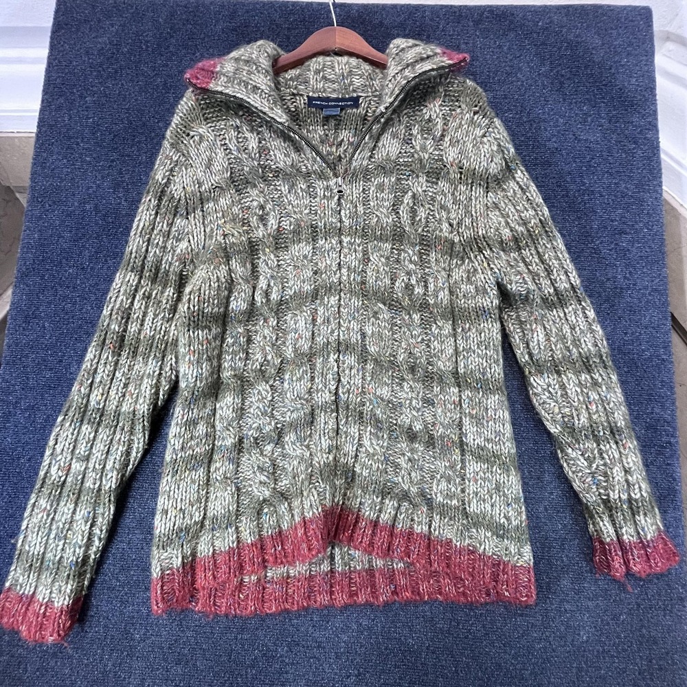 French Connection Sweater Mens XL Green Marled Zip Up Wool Blend Mohair Pullover